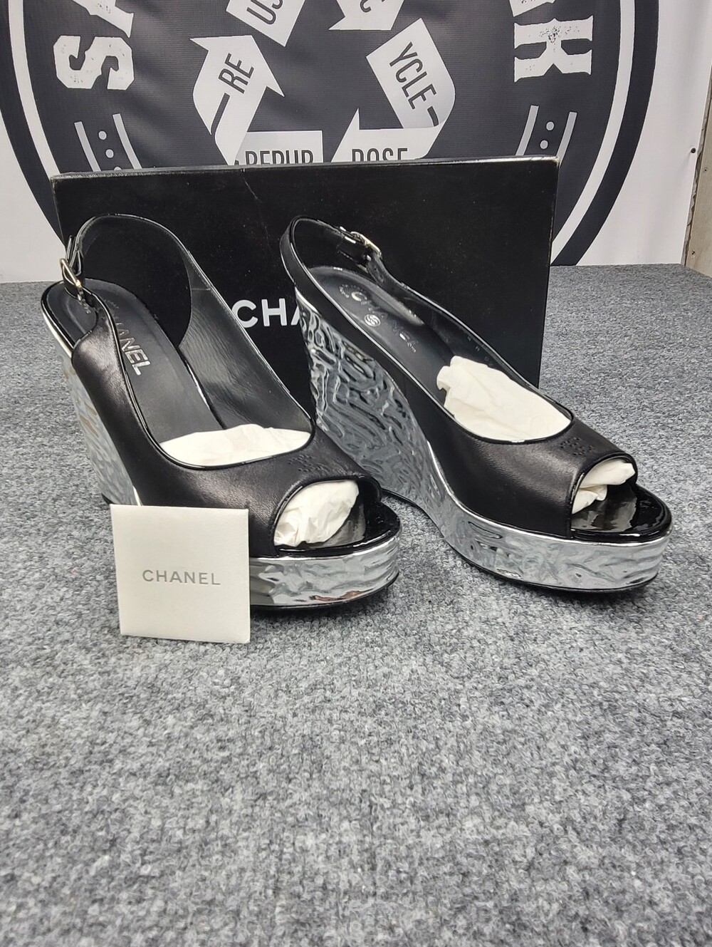 Chanel Black Leather Silver Wedge Peep Toe Sling Back Sandals Size 41
